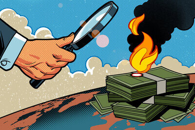 KIllustration einer Lupe, die einen Geldhaufen verbrennt