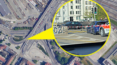 Die Flucht des Maseratis endete bei der Abfahrt am Ende der Hardbrücke in Zürich. Bild: Pentti Aellig, STREETLIFE