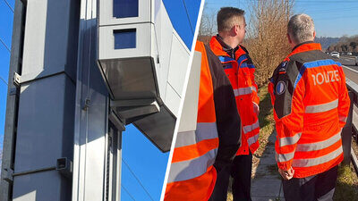 Adaptive Tempokontrolle auf der A14: Die Luzerner Polizei bei der Installation der sogenannten GHGW-Blitzer. Bild: Luzerner Polizei