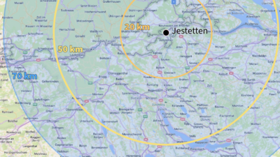 Karte mit Distanzen um Jestetten