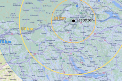 Karte mit Distanzen um Jestetten