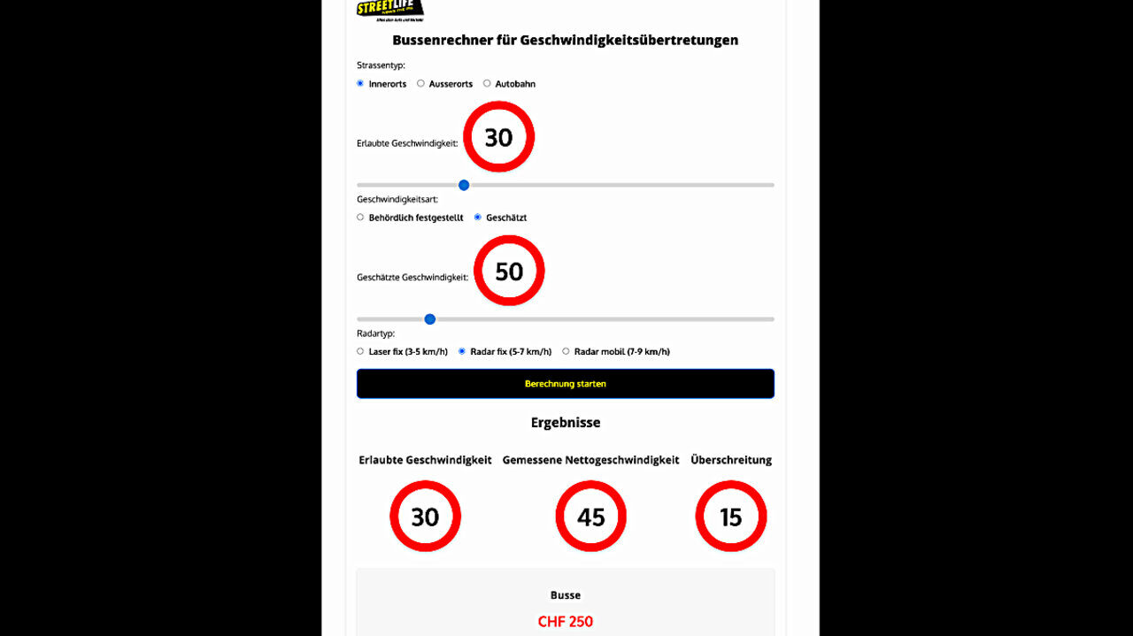 Das ist der Bussenrechner in der Gesamtübersicht. Für die Eingabe ist er in drei Abschnitte unterteilt. Die erklären wir dir in der weiteren Bildergalerie.