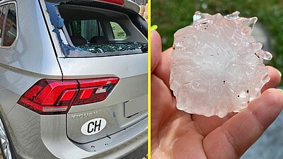 Das Gewitter brachte vielerorts auch Hagel mit sich. In Niederglatt ZH durchschlug ein grosses Hagelkorn eine Heckscheibe. Bild: Leserreporterin, Twitter