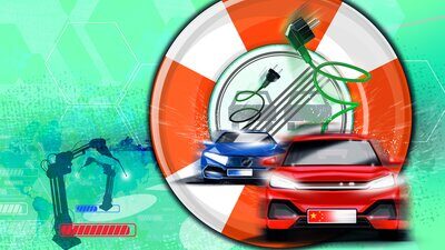 Grafik mit Stromautos und einem Rettungsring.