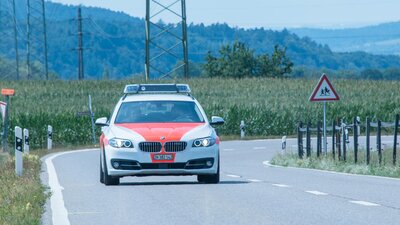 Polizeifahrzeug auf einer Landstrasse.