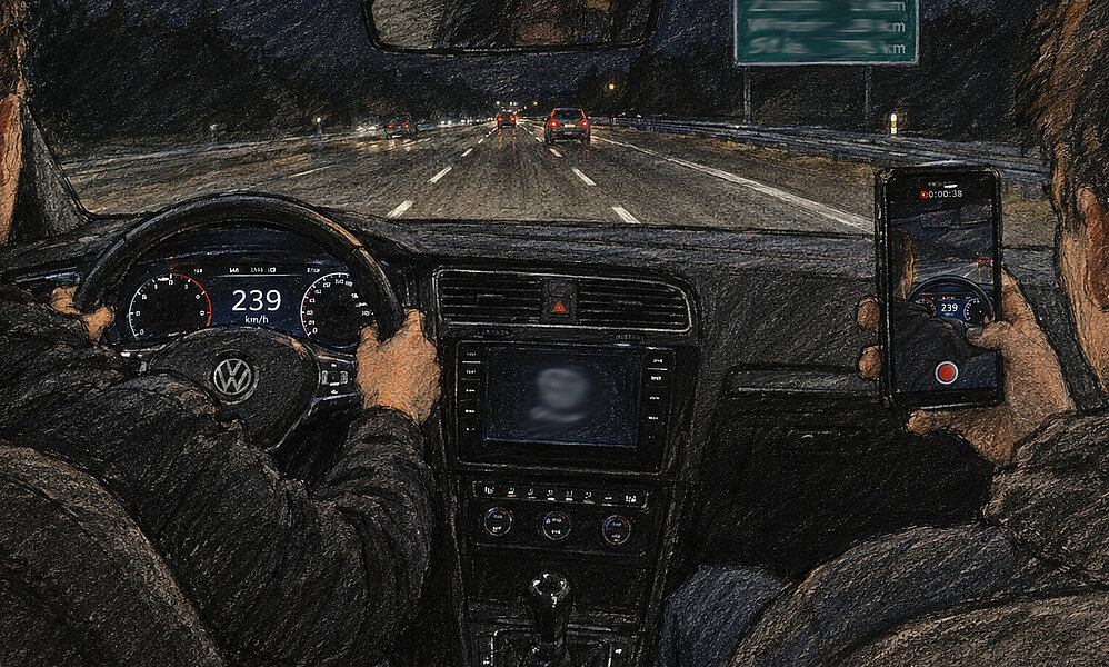 Skizze wie ein Beifahrer eine Raserfahrt filmt