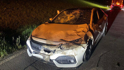 Am 20. September kam es in Neuheim ZG zu einem Wildunfall. Ein 51-jähriger Autolenker prallte mit seinem Wagen in einen Hirsch. Das Auto erlitt Totalschaden, der Fahrer blieb unverletzt und der Hirsch flüchtete in den Wald. Bild: Zuger Polizei