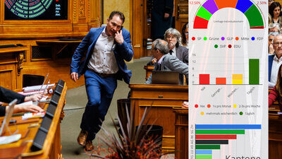 Parlamentarier im Ratssaal mit Infografik Teaser