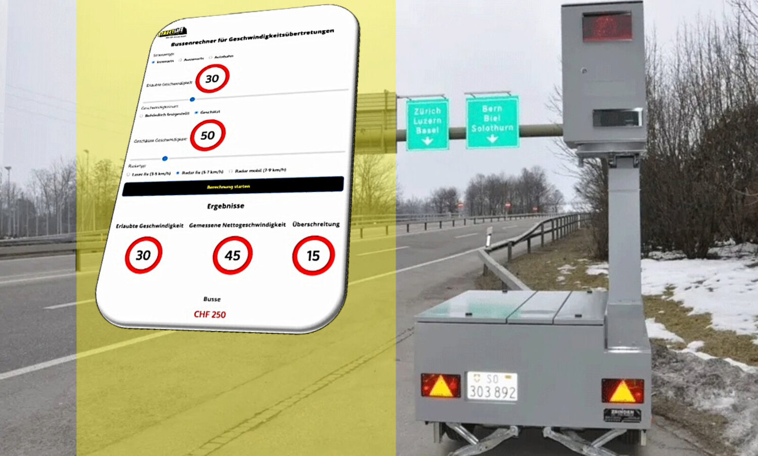 Der STREETLIFE-Bussenrechner liefert in wenigen Sekunden ein Resultat. Gibt man die gefahrene Geschwindigkeit an, weiss man mit welcher Busse man rechnen muss. Grafik: STREETLIFE