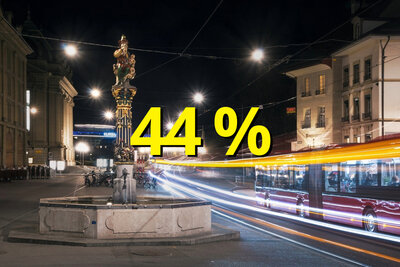 Chindlifresserbrunnen in Bern und Busse daneben.