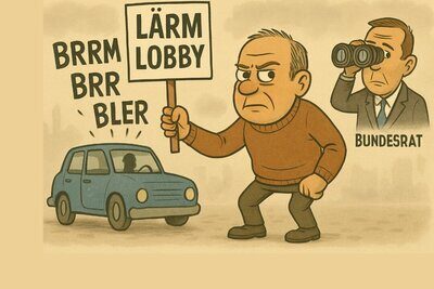 Geht es um Temporeduktionen ist die Lärmlobby nicht weit. Mit der Forderung nach weniger Lärm setzt sie sich für Tempo-30-Zonen oder sogar für Tempo 60 auf Autobahnabschnitten ein. Bild: STREETLIFE, mit KI generierte Karrikatur