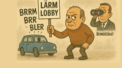 Geht es um Temporeduktionen ist die Lärmlobby nicht weit. Mit der Forderung nach weniger Lärm setzt sie sich für Tempo-30-Zonen oder sogar für Tempo 60 auf Autobahnabschnitten ein. Bild: STREETLIFE, mit KI generierte Karrikatur