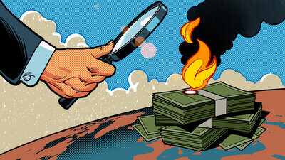 KIllustration einer Lupe, die einen Geldhaufen verbrennt