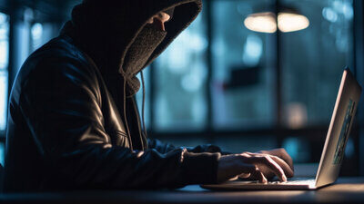 Mann in schwarz gekleidet vor Laptop.