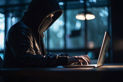 Mann in schwarz gekleidet vor Laptop.