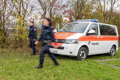 Polizeiauto am Waldrand.