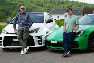 Teaser Bild Porsche 911 Carerra T und Toyota GR Yaris mit Martin Bartholdi und Pentti Aellig vor den Autos