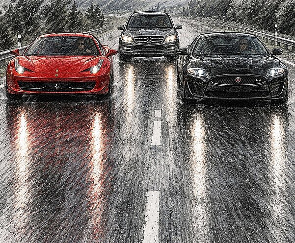 25.9.2017: Der Beschuldigte fährt im Mercedes GL 450 CDI hinter dem Ferrari und dem Jaguar. Er schirmte so das Rennen vom restlichen Verkehr ab. Zudem filmt sein Beifahrer die Fahrt.
